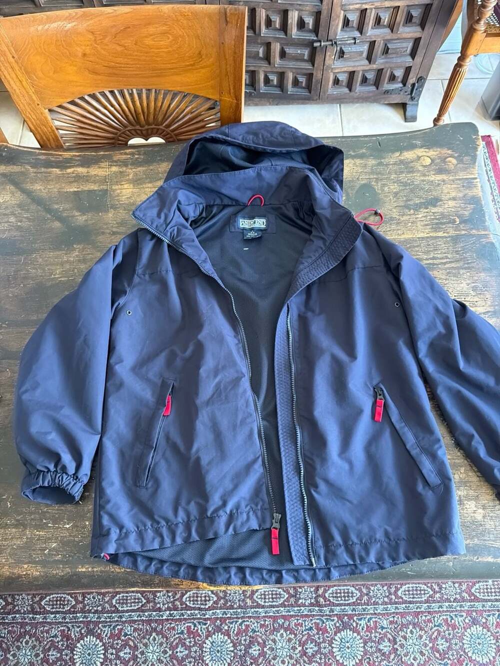 Vintage Lands' End Kids Navy Hooded Mesh-Lined Rain Jacket Windbreaker Size 6-8